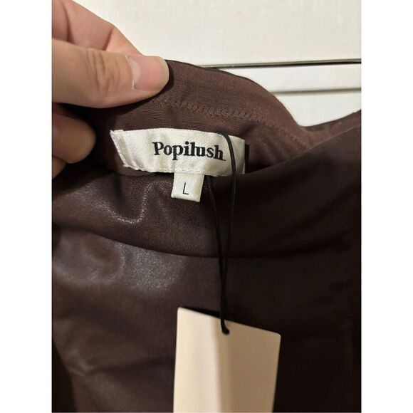 New Popilush Women's Size Large Brown Side Slit Knee length Faux Leather Skirt - Picture 4 of 5